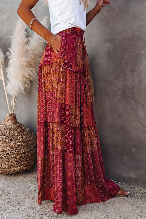 Bohemian style loose casual high waist long skirt