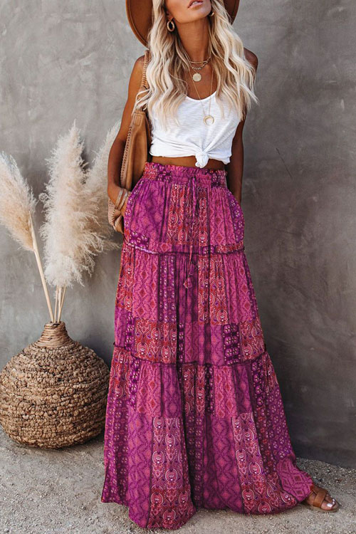 Bohemian style loose casual high waist long skirt