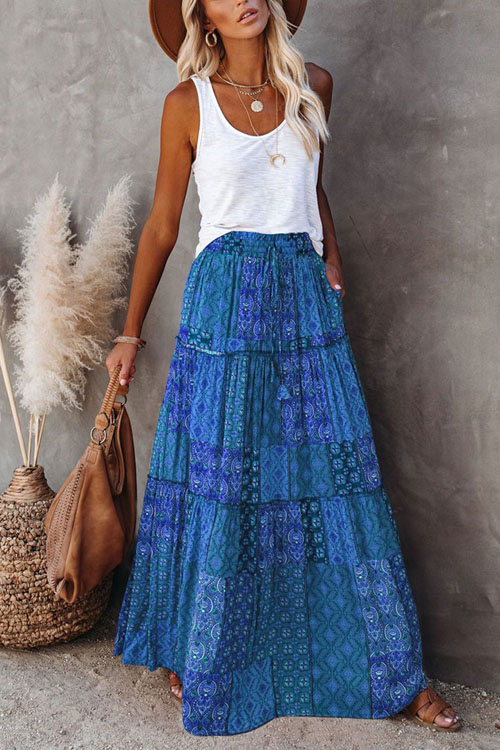 Bohemian style loose casual high waist long skirt