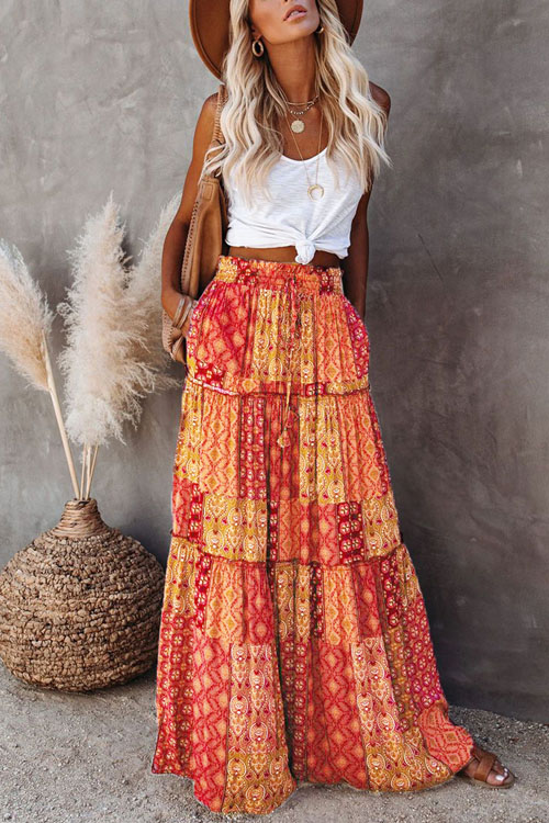 Bohemian style loose casual high waist long skirt