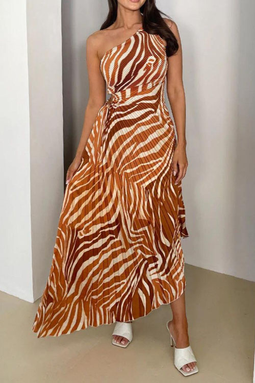 Nonnadress Lace-up Press-Fold Printed One-Shoulder Dress