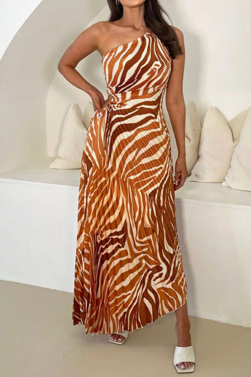 Nonnadress Lace-up Press-Fold Printed One-Shoulder Dress