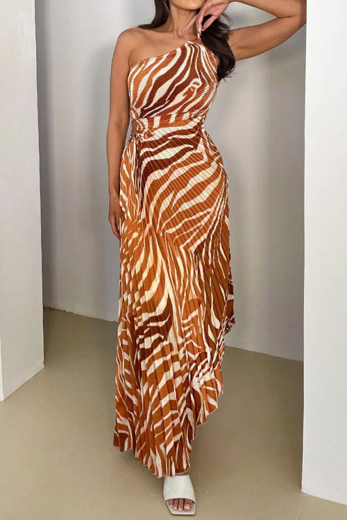 Nonnadress Lace-up Press-Fold Printed One-Shoulder Dress