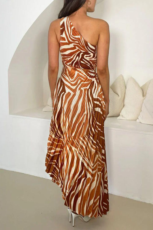 Nonnadress Lace-up Press-Fold Printed One-Shoulder Dress