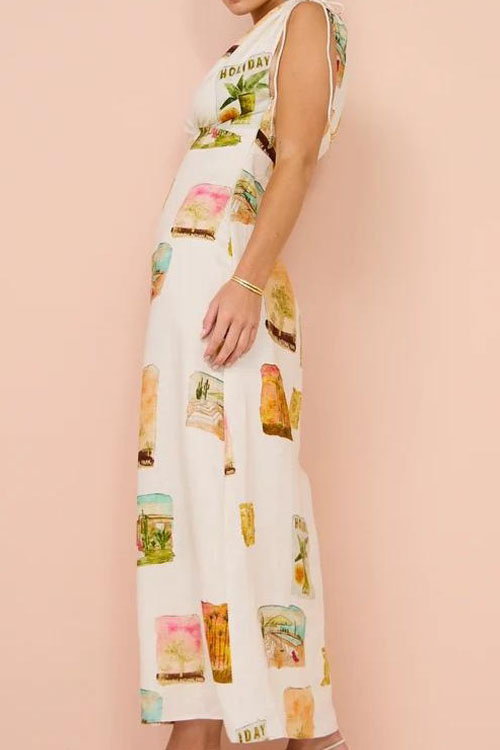 Nonnadress V-neck Ramie Tie High Waist Dress