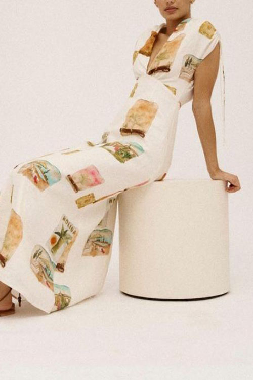 Nonnadress V-neck Ramie Tie High Waist Dress