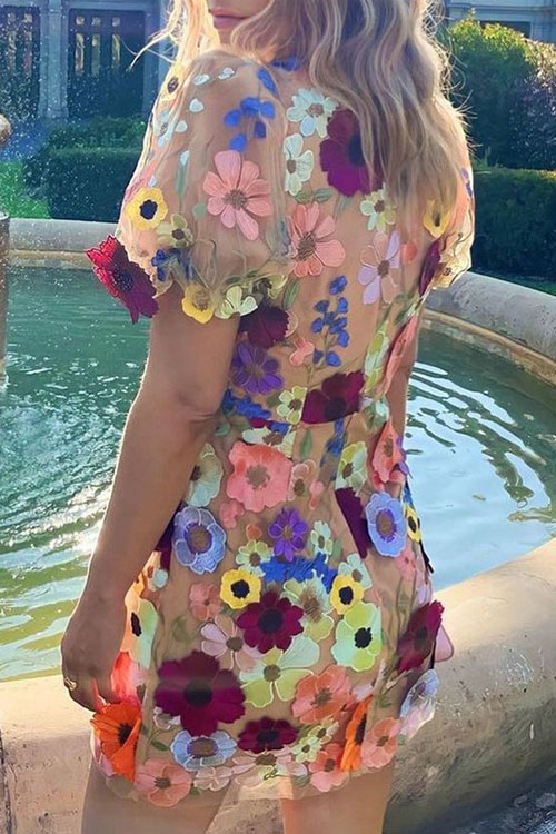 Nonnadress V-neck Stereo Flower Lantern Sleeve Dress