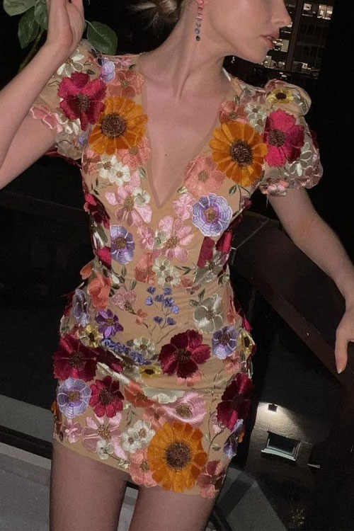 Nonnadress V-neck Stereo Flower Lantern Sleeve Dress