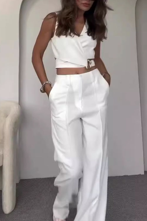 Nonnadress Crossover Slimming Vest High Waisted Wide Leg Pants Set