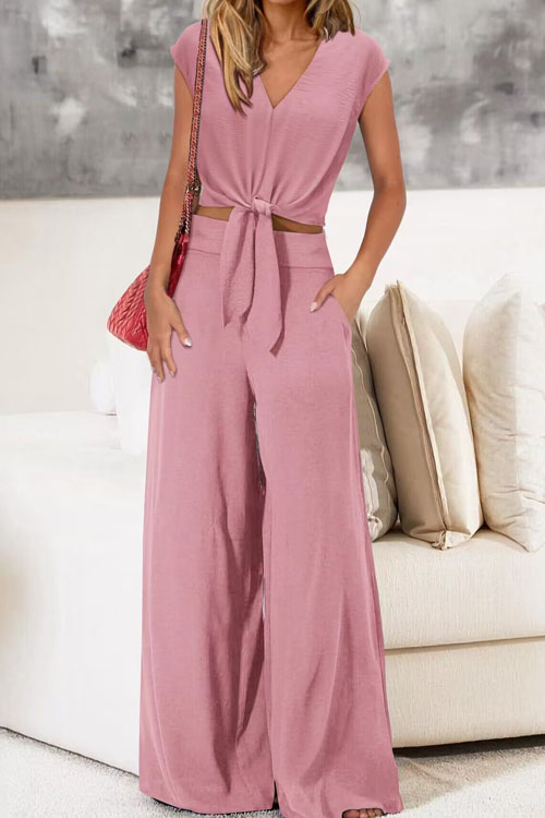 Nonnadress V-neck Belted Short Top Wide-leg Pants Set