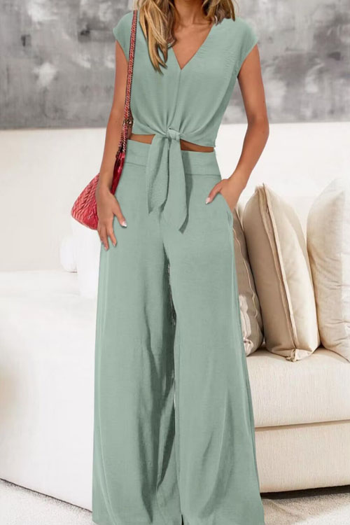 Nonnadress V-neck Belted Short Top Wide-leg Pants Set