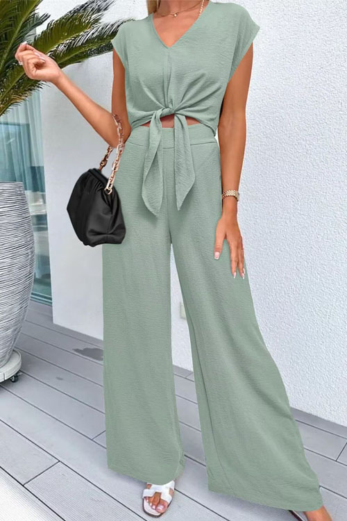 Nonnadress V-neck Belted Short Top Wide-leg Pants Set