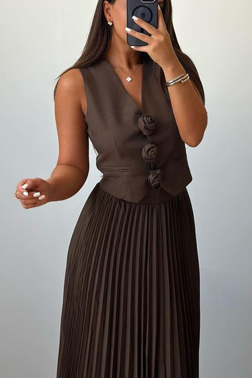 Nonnadress Floral Vest Half Body Pleated Skirt Two Piece Set