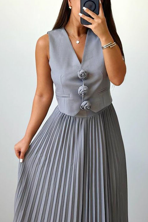 Nonnadress Floral Vest Half Body Pleated Skirt Two Piece Set