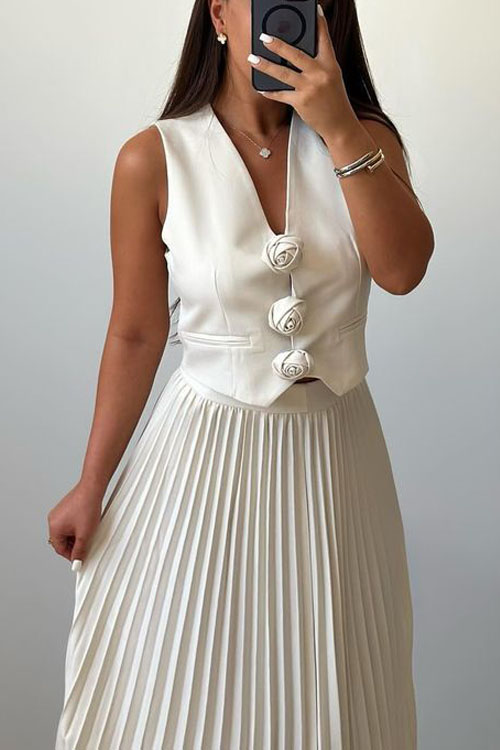 Nonnadress Floral Vest Half Body Pleated Skirt Two Piece Set