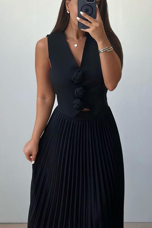 Nonnadress Floral Vest Half Body Pleated Skirt Two Piece Set