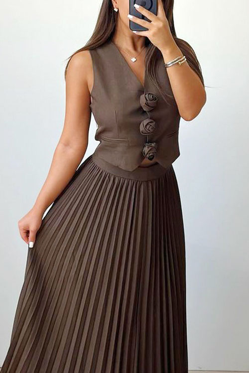 Nonnadress Floral Vest Half Body Pleated Skirt Two Piece Set