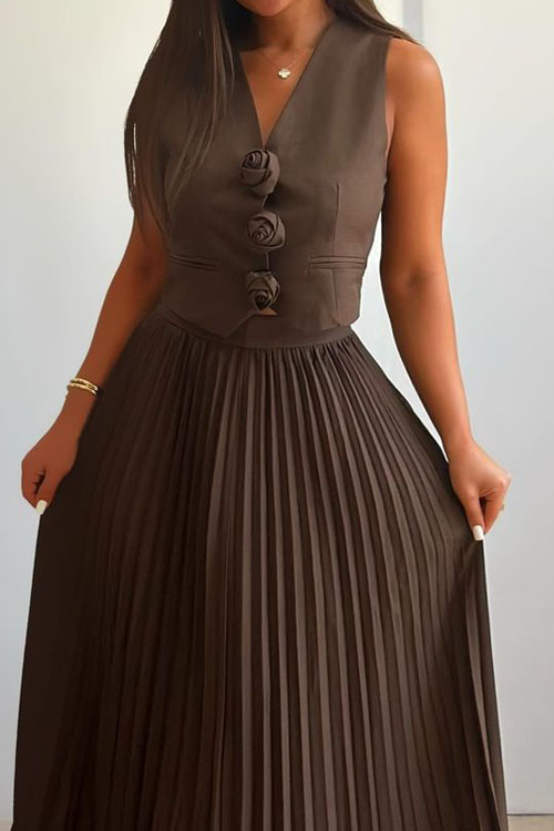 Nonnadress Floral Vest Half Body Pleated Skirt Two Piece Set