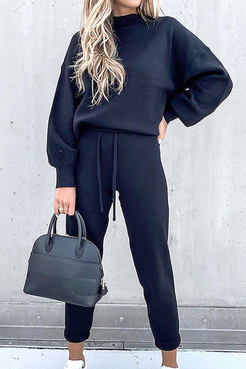 Nonnadress High Neck Casual Solid Color Long Pants Two-piece Set