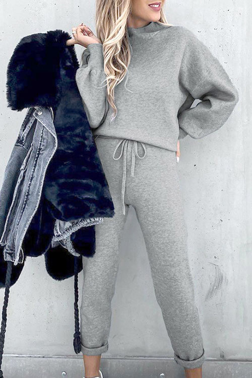 Nonnadress High Neck Casual Solid Color Long Pants Two-piece Set