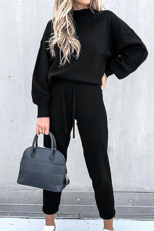 Nonnadress High Neck Casual Solid Color Long Pants Two-piece Set