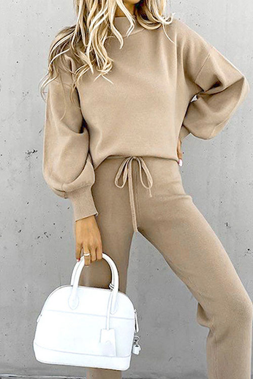 Nonnadress High Neck Casual Solid Color Long Pants Two-piece Set