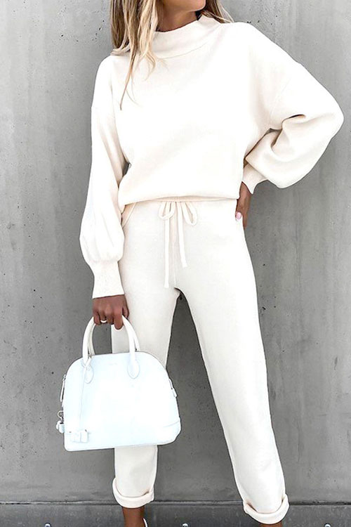 Nonnadress High Neck Casual Solid Color Long Pants Two-piece Set