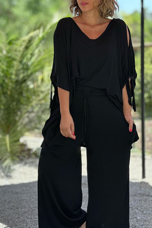 Nonnadress Lace-up V-neck Five-quarter Sleeve Loose Solid Color Trouser Wide-leg Suit