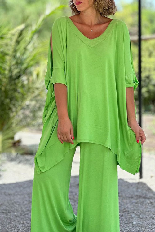 Nonnadress Lace-up V-neck Five-quarter Sleeve Loose Solid Color Trouser Wide-leg Suit