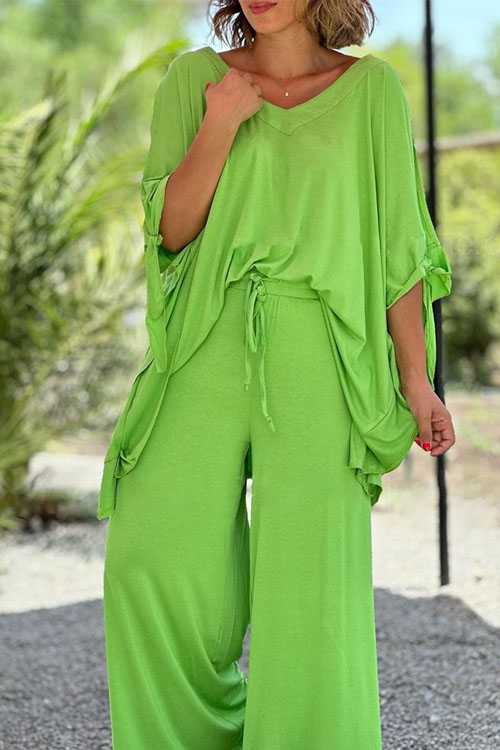 Nonnadress Lace-up V-neck Five-quarter Sleeve Loose Solid Color Trouser Wide-leg Suit