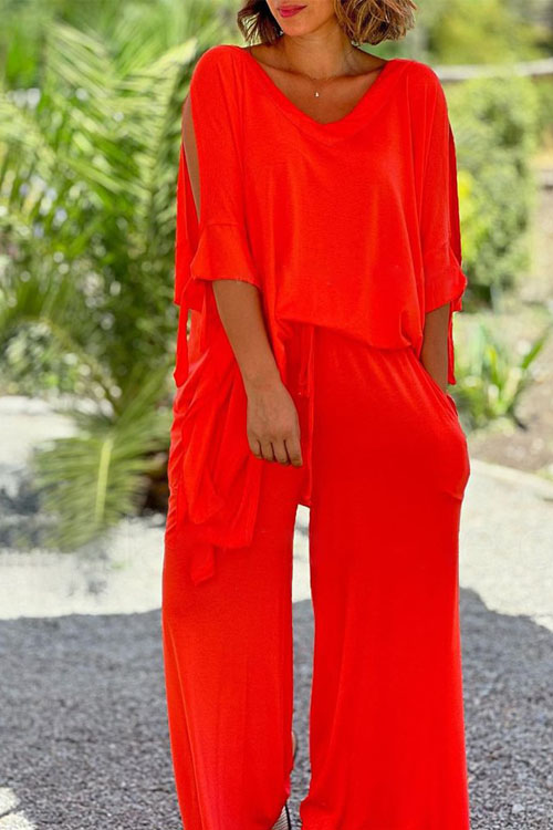Nonnadress Lace-up V-neck Five-quarter Sleeve Loose Solid Color Trouser Wide-leg Suit