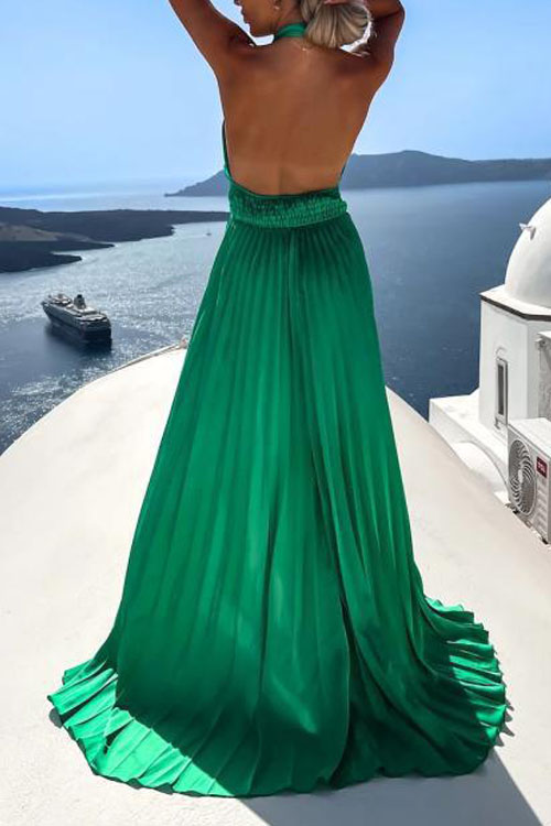 kathiadress Summer Sleeveless Cross Hanging Neck Split Bottom Floor Dress