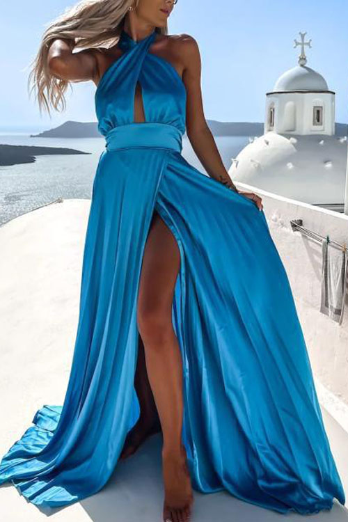 kathiadress Summer Sleeveless Cross Hanging Neck Split Bottom Floor Dress