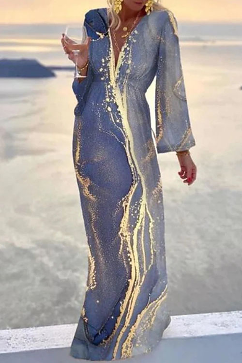 Beach Style V-Neck Marble Print Bohemian Dress