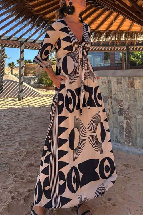 Nonnadress V-neck Lace-up Printed Loose Mid-sleeve Dress