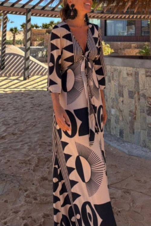 Nonnadress V-neck Lace-up Printed Loose Mid-sleeve Dress