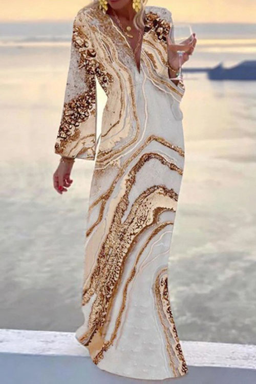 Beach Style V-Neck Marble Print Bohemian Dress