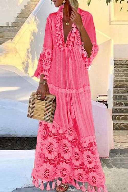 Nonnadress Lace Fringe Patchwork Beach Vacation Dress