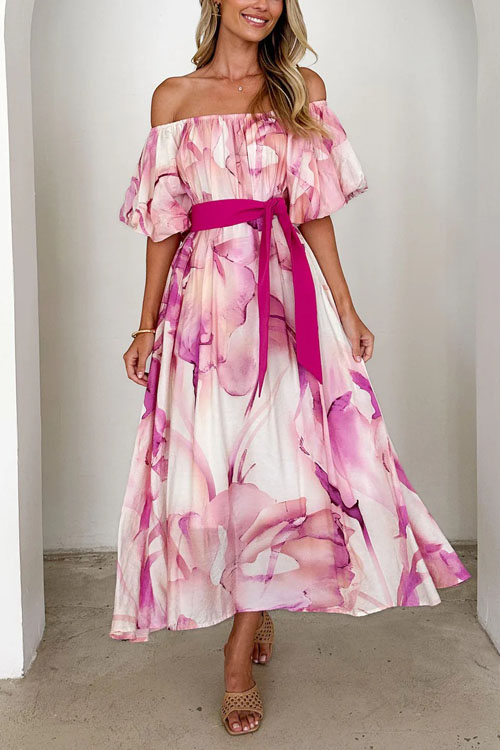 Nonnadress Off-shoulder waisted puff sleeve printed swing dress