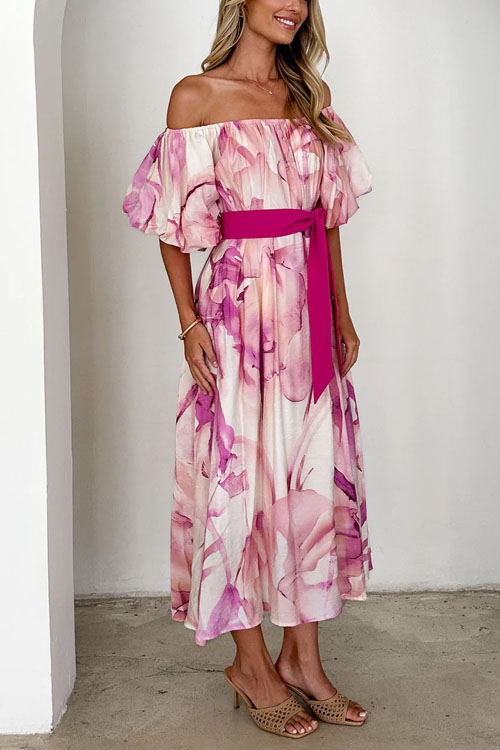 Nonnadress Off-shoulder waisted puff sleeve printed swing dress