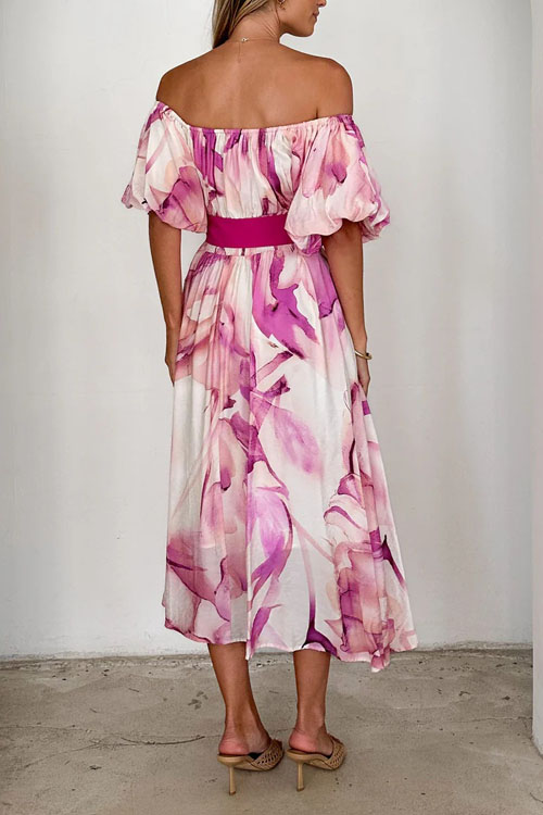 Nonnadress Off-shoulder waisted puff sleeve printed swing dress
