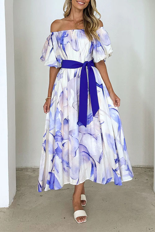 Nonnadress Off-shoulder waisted puff sleeve printed swing dress