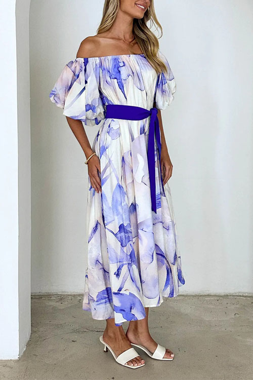 Nonnadress Off-shoulder waisted puff sleeve printed swing dress