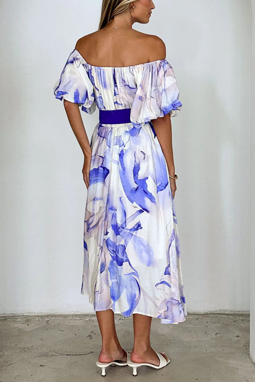Nonnadress Off-shoulder waisted puff sleeve printed swing dress