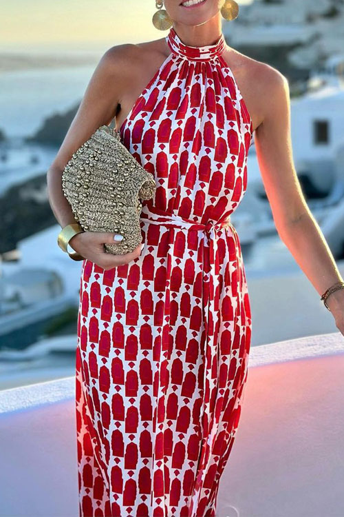 Nonnadress  Printed halter neck slit hem dress