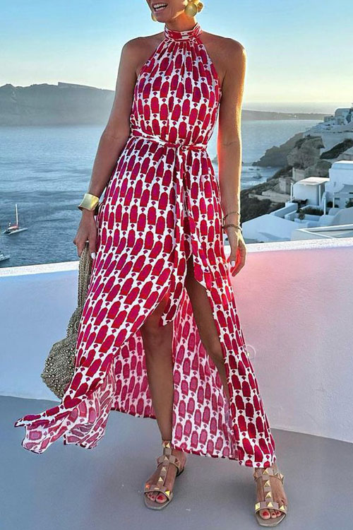 Nonnadress  Printed halter neck slit hem dress