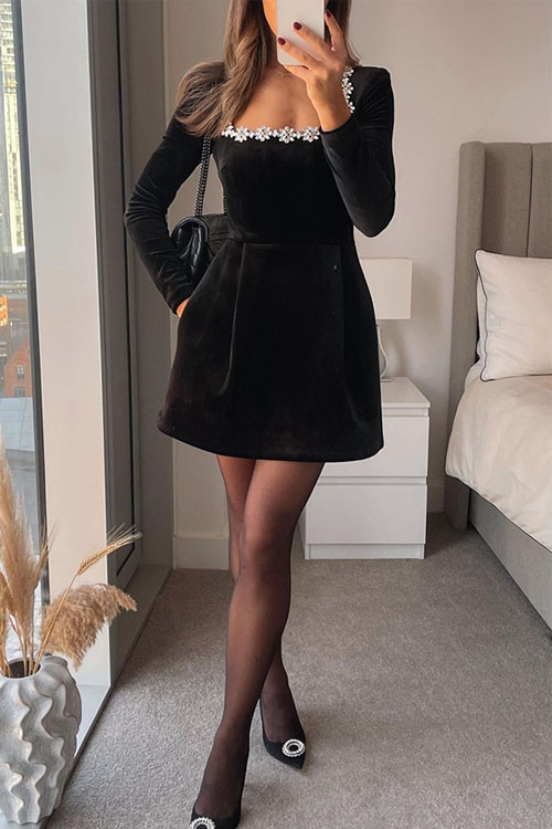 Nonnadress Elegant square neck diamond short velvet dress