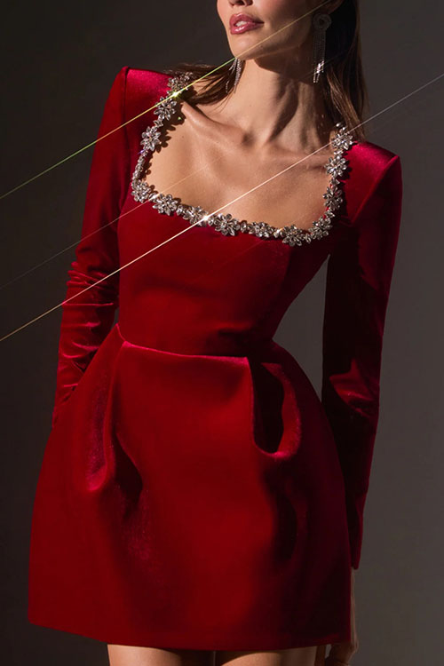 Nonnadress Elegant square neck diamond short velvet dress