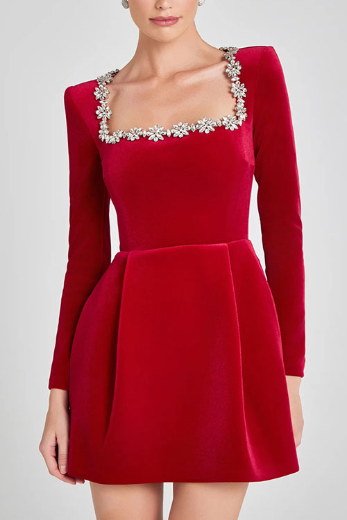 Nonnadress Elegant square neck diamond short velvet dress