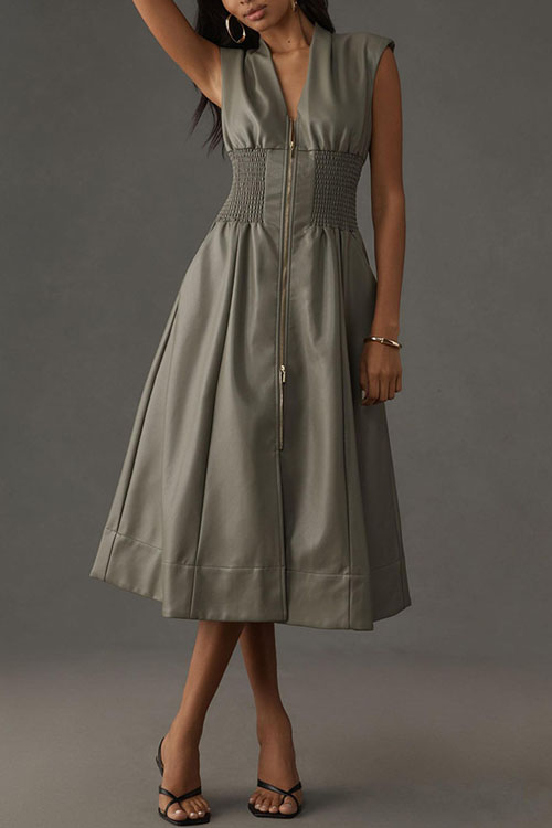 Nonnadress  Vintage Sleeveless Leather Zipper Maxi Dress Waist Dress